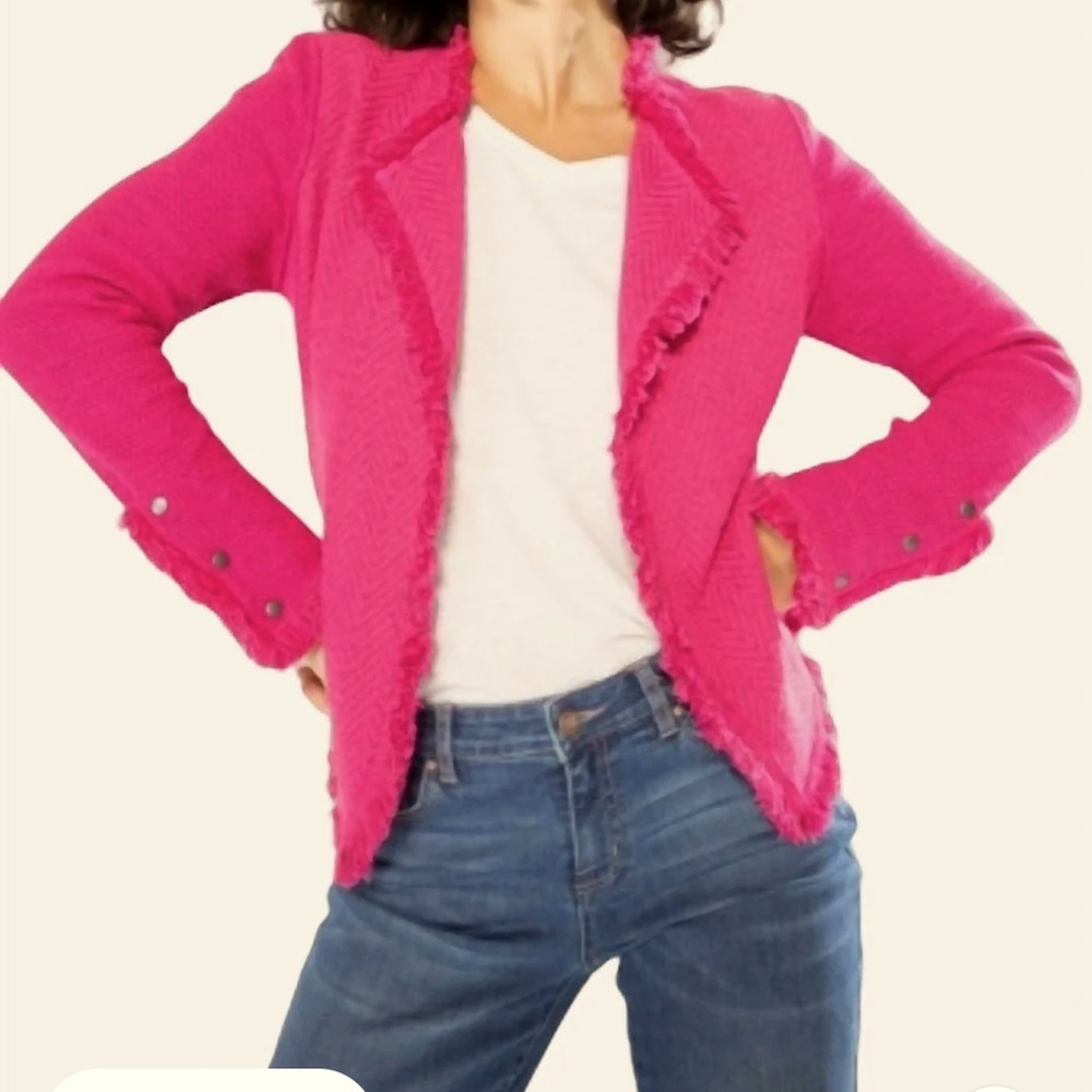 NIC + ZOE fringe mix knit blazer, charged pink, size 1x